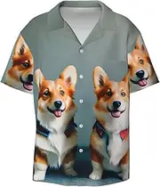 [CADREWY] Wearing Clothes Cute Corgi Dogs Print Men's Lightweight Stylish Classic Cuban Collar Style Short Sleeve Practical Pocket
