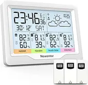 Weather Stations Wireless Indoor Outdoor Multiple Sensors, Indoor Outdoor Thermometer with Atomic Weather Clock Battery Powered, Temperature Humidity Monitor and Barometer for Home, White