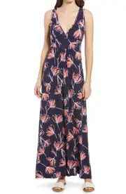 Loveappella Floral Jersey Maxi Dress in Navy/Coral at Nordstrom, Size Small