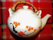 World Market 2 cup teapot with lid orange flowers bamboo handle UNUSED