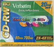 Verbatim NEW 20-Pack CD-RW 700MB 2X-4X DataLifePlus Cool Colors Slim Jewel Cases