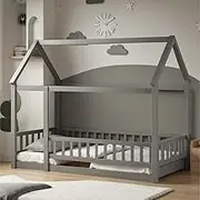 Twin Size Floor Bed, Wood Montessori House Bed Frame with Fence, House Floor Bed for Kids, Boys and Girls, Decoratable Playhouse for Kids, Grey