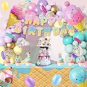 80 Pcs Ice Cream Birthday Party Decorations, Pastel Ice Cream Balloons Garland Arch Kit Tablecloth Candy Long Strip Balloon Cake Toppers Two Sweet Ice Cream Birthday Party Decorations