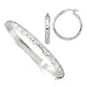 Avariah Solid Sterling Silver Diamond Cut 6mm Bangle and 4mm Hoop Earring Set