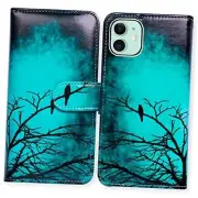 Case for iPhone 13, Black Bird Green Leather Flip Phone Case Black Bird Pattern