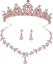 [Healeved] Bride Crown Necklace Earrings Set Wedding Jewelry for Women Rhinestone Crystal