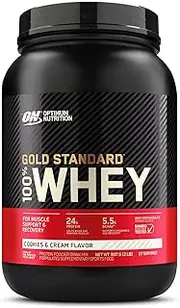 OPTIMUM NUTRITION Gold Standard 100% Whey Protein Powder, Cookies & Cream, 907g - [2024/2025 plastic neck band packaging may vary]