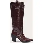 Burgundy Croc Pu Point Toe Western Stitch Knee High Block Heeled Boots, Burgundy