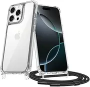 T Tersely Adjustable Lanyard Crossbody Case for iPhone 16 Pro (6.3-Inch) - Clear Transparent, Anti-Yellowing, Shockproof Protective Cover with Neck Strap (Black)