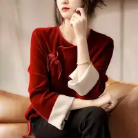 在飛比找博客來優惠-【初色】中國風復古絲絨盤扣小衫T恤上衣女上衣-紅色-3276