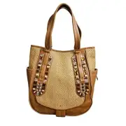 NEW Cole Haan Sydney Straw Tote Bag Brown Boho Leather Beaded Coastal Woven
