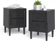 Black Nightstand Set of 2, Fully-Assembled 2-Drawer Bedside Tables with Solid Wo