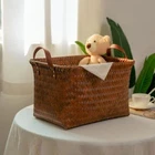 Brown Laundry Basket Square Hand Woven Storage Basket Laundry Hamper Shelves