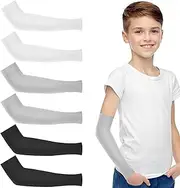 [Bremorou] Basketball Arm Sleeve Youth 3 Pairs Youth Compression Sleeve Volleyball Basketball Arm Sleeves Kids For Boys Girls Black White Gray