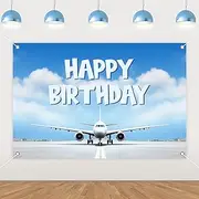 Fangleland 5x3ft Airplane Birthday Party Backdrop, Blue White Theme Happy Birthday Photography Background for Outdoor Indoor Decor Party Photo Props Supplies