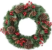 Outdoor Christmas Wreath, Artificial Christmas Wreath, Rustic Christmas Door Wreath for Outdoors, Artificial Christmas Door Wreath with Pine Cones and Red Berries for Kami