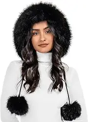 [S.ROMZA] Womens Faux Fur Knitted Hat with Pompom Warm Skull Snow Cap Ear Cover Winter Beanie Hat for Women