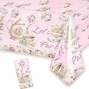 Pink Floral Tea Tablecloth 54'' x 108'' Let's Par Tea Table Cover for Teapots Teacups Theme Girls Par Tea Baby Shower Floral Birthday Engagement Bachelorette Party Table Supplies Decorations