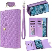 Phone Case for Google Pixel 8 Pro 5G Wallet Cover With Tempered Glass Screen Protector and Wrist Strap Leather Flip Zipper Credit Card Holder Slot Stand Cell Pixel8Pro Pixel8 XL Eight 8Pro Girl Purple