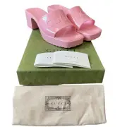 GUCCI Rubber Slide Sandal Pink Logo Square Open Toe Block Heel Mules Size 39 NEW