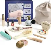 IEATFO Kids Makeup Kit for Girl, Wooden Makeup Toy Set for Toddlers, Pretend Wood Beauty Salon Toys Set for Kid Children Princess, Christmas Birthday Gift Toy for 3 4 5 6 7 8 9 10 Year Old