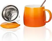Ceramics Tea Cup with Loose Leaf Infuser, Spoon and Lid, 450ml, Candiicap Large Tea Infuser Mug for Tea, Coffee, Milk-Microwave and Dishwasher Safe(450ml,Tropical Orange)
