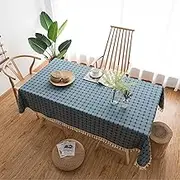 Pengcen Rectangle Tablecloths ,Waterproof Polyester Fabric Tablecloth for Dining,Party and Dinner Table Decor,140 x 220 cm,Tassle Edge,Small Checkered,Deep Blue