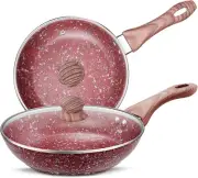 8"+9.5" Red Granite Nonstick Cookware Sets with Lids, Frying Pans Nonstick with