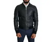 Dolce & Gabbana Black Leather Full Zip Men Bomber Jacket