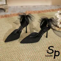 在飛比找momo購物網優惠-【Sp house】月夜黑蝴蝶結蕾絲尖頭細高跟鞋(黑色跟高可