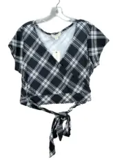 No Comment NY-LA Black Plaid V Neck Women Crop Top Tie Front Stretch Size XL NWT