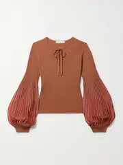 [Ulla Johnson] Ulla Johnson - Lenora Tulle-trimmed Ribbed-knit Top - Brick - large large Red