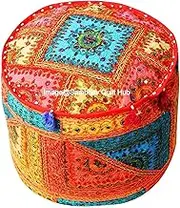 Decorative Multi Patch Indian Hippie Embroidery Vintage Cotton Floor Pillow & Cushion Patchwork Bean Bag Chair Cover Boho Bohemian Hand Embroidered Handmade Pouf Ottoman Cover (14X22 inch)