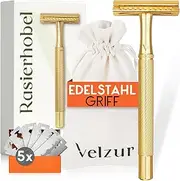 VELZUR® Safety Razor with 5 Blades and Travel Bag - Protected Handle Design Made of Stainless Steel Extra Long and Rustproof - Safety Razor Set for Men and Women - 100% Plastic-Free - Premium Safety
