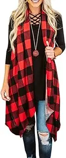 [Ivay] Womens Plaid Open Front Cardigan Sleeveless Drape Lightweight Vest Coat with Pockets