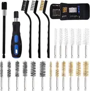 Swpeet 24Pcs 3 Materials 6 Sizes Bore Wire Brush with Wire Scatch Brush Kit, Stainless Steel, Brass, Nylon Cleaning Brush with Handle and Twisted Wire Cleaning Brush - 1/4 Inch Hex Shank