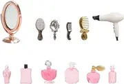 1/12 Scale Miniature Bathroom Accessories Kit Mini Plastic Hair Dryer Brush Comb Mirror Perfume Bottles Set for Mini House Bedroom Decoration,Set A