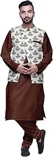 [Atasi] Men Mandarin Collar Solid Kurta Churidar Pajama & Printed Nehru Jacket Set