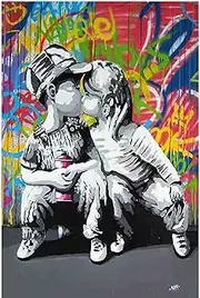 Banksy(Kissing Graffiti) Famous Oil Paintings Reproduction Giclee Canvas Prints on Canvas Artwork Pictures on Canvas Wall Art for Home Office Decorations(20x30cm_8x12in,Unframed)