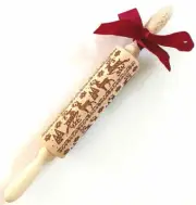 Boutique REINDEER Christmas TREE Wooden Embossed Cookie ROLLING PIN NWT New