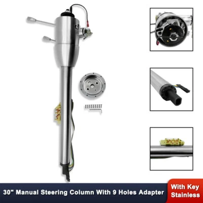 30" Stainless Tilt Manual Steering Column Floor Shift w/ Ignition Key & Adapter