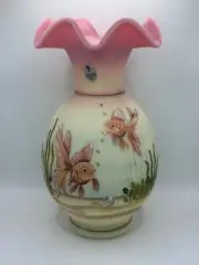 Fenton Family Signed Koi Fish Decorated 9" Burmese Vase Glows under Blacklight