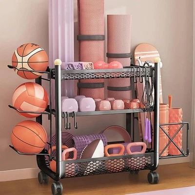 Black 3 Tier Yoga Mat Storage Rack, Home Gym Storage Shelf Holder with Wheels...