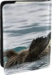 [EdWal] Otter Print Passport Cover with Credit Card Holder Leather Passport Case, for Women Men Family ID Travel, Black, One Size