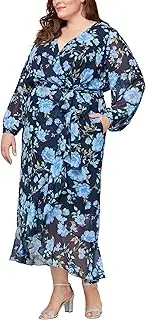 [S.L. Fashions] Women's Plus Size Long Sleeve Tulip Overlay Skirt Maxi Dress with Surplice Neckline and Tie Belt