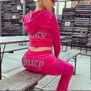 Velour Juicy Sewing Suit Hoodies Velvet Zipper Sweatshirt And Pants Set Sportswear 2024 Women's Spring/fall Tracksuit Crop Rose Red