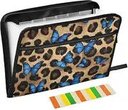 Quteprint 13 Pockets Expanding File Folder with Zipper Closure, Blue Butterfly Leopard Print Accordion File Folder with Sticky Labels, Letter Size A4 Papers Expandable File Document Organizer