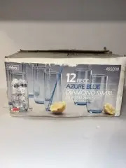 Vintage Libbey Azure Blue Diamond Swirl Set Of 12 Glass Cooler Tumblers 17oz NOS