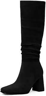 [Modatope] Slouchy Knee High Boots Square Toe Chunky Heel Side Zipper Boots for Women