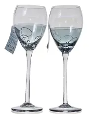 ION TAMAIAN Art Glass Wine Glass Blue Tint Set/2 Hand Painted Signed Romania New